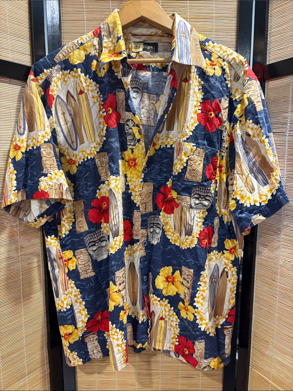 Vintage Surf Print Short-Sleeve Shirt - Navy with Yellow & Red